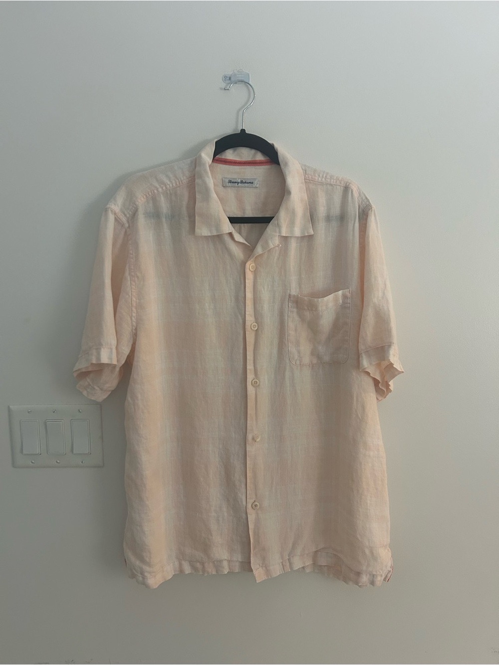 Tommy Bahama Men’s Large 100% Linen Camp Shirt Peach Short Sleeve Button Front